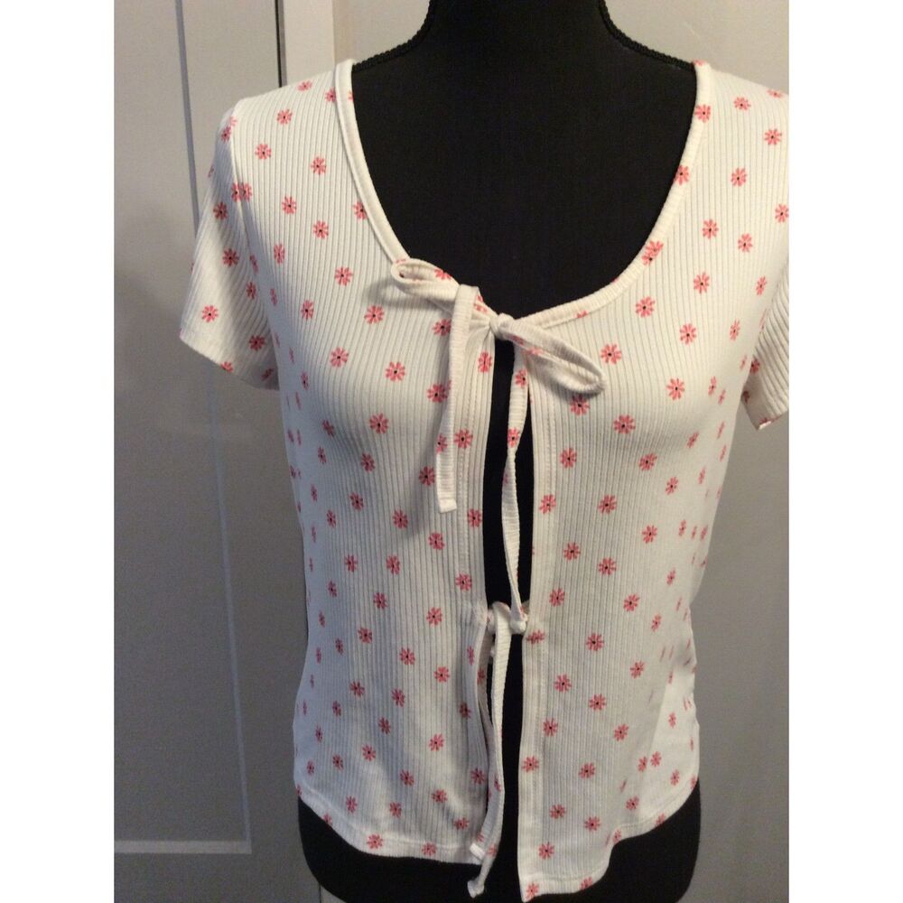 Ribbed Front Tie Short Sleeve Floral Pink White Top Size Large L